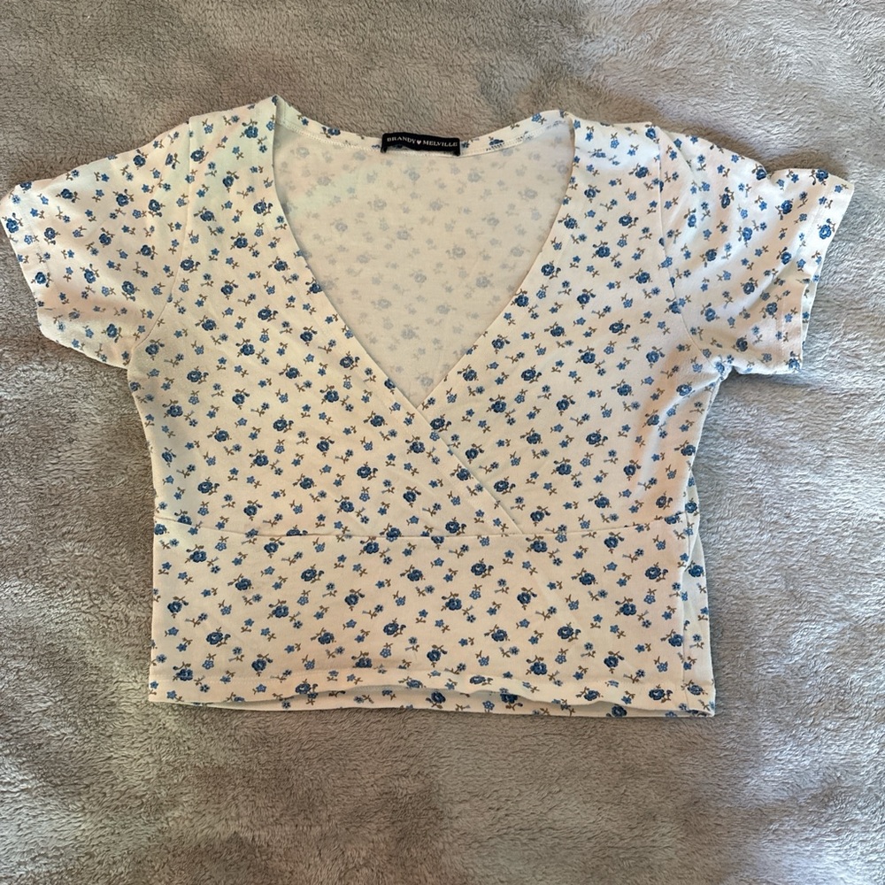 Brandy Melville White and Blue Floral Top